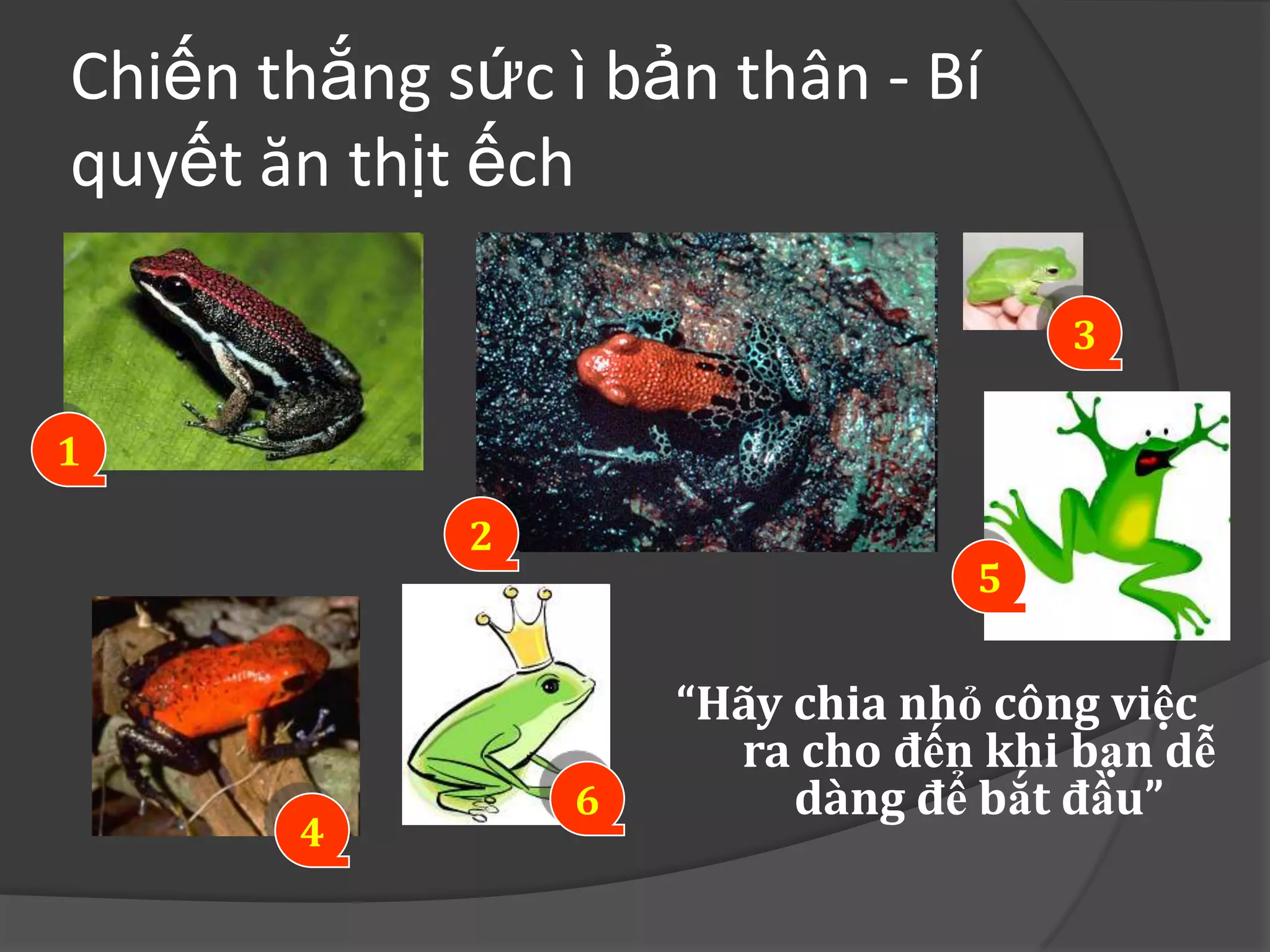 Chiến thắng sức ì bản thân - Bí
quyết ăn thịt ếch

                                     3

1
             2
                                 5


                     “Hãy chia nhỏ công việc
                       ra cho đến khi bạn dễ
                 6        dàng để bắt đầu”
       4
 