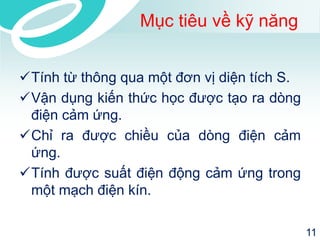 Mục tiêu về kỹ năng 
Tính từ thông qua một đơn vị diện tích S. 
Vận dụng kiến thức học được tạo ra dòng 
điện cảm ứng. 
Chỉ ra được chiều của dòng điện cảm 
ứng. 
Tính được suất điện động cảm ứng trong 
một mạch điện kín. 
11 
 