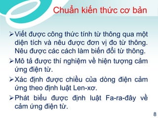 Chuẩn kiến thức cơ bản 
Viết được công thức tính từ thông qua một 
diện tích và nêu được đơn vị đo từ thông. 
Nêu được các cách làm biến đổi từ thông. 
Mô tả được thí nghiệm về hiện tượng cảm 
ứng điện từ. 
Xác định được chiều của dòng điện cảm 
ứng theo định luật Len-xơ. 
Phát biểu được định luật Fa-ra-đây về 
cảm ứng điện từ. 
8 
 