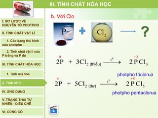 b. Với Clo
photpho triclorua
photpho pentaclorua
0
t
2
0 +
5
5
2P + 5Cl 2 P Cl(dư)
0
t
2 3
0 +3
2P + 3Cl 2 P Cl(thiếu)
III. TÍNH CHẤT HÓA HỌC
P 2
Cl
I. SƠ LƯỢC VỀ
NGUYÊN TỐ PHOTPHO
II. TÍNH CHẤT VẬT LÍ
III. TÍNH CHẤT HÓA HỌC
2. Tính chất vật lí của
P trắng và P đỏ
IV. ỨNG DỤNG
V. TRẠNG THÁI TỰ
NHIÊN - ĐIỀU CHẾ
1. Các dạng thù hình
của photpho
2. Tính khử
1. Tính oxi hóa
VI. CỦNG CỐ
2. Tính khử
 