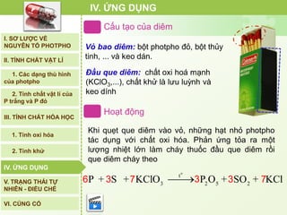Vỏ bao diêm: bột photpho đỏ, bột thủy
tinh, ... và keo dán.
Khi quẹt que diêm vào vỏ, những hạt nhỏ photpho
tác dụng với chất oxi hóa. Phản ứng tỏa ra một
lượng nhiệt lớn làm cháy thuốc đầu que diêm rồi
que diêm cháy theo
IV. ỨNG DỤNG
Đầu que diêm: chất oxi hoá mạnh
(KClO3,...), chất khử là lưu luỳnh và
keo dính
Cấu tạo của diêm
Hoạt động
IV. ỨNG DỤNG
I. SƠ LƯỢC VỀ
NGUYÊN TỐ PHOTPHO
II. TÍNH CHẤT VẬT LÍ
III. TÍNH CHẤT HÓA HỌC
2. Tính chất vật lí của
P trắng và P đỏ
IV. ỨNG DỤNG
V. TRẠNG THÁI TỰ
NHIÊN - ĐIỀU CHẾ
1. Các dạng thù hình
của photpho
2. Tính khử
1. Tính oxi hóa
VI. CỦNG CỐ
IV. ỨNG DỤNG
o
t
3
P + S + KClO  2 5 2
P O + SO + KCl6 3 7 3 3 7
 