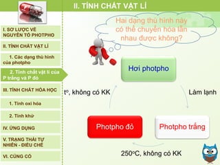 Hai dạng thù hình này
có thể chuyển hóa lẫn
nhau được không?
II. TÍNH CHẤT VẬT LÍ
Hơi photpho
Photpho trắngPhotpho đỏ
to, không có KK Làm lạnh
250oC, không có KK
I. SƠ LƯỢC VỀ
NGUYÊN TỐ PHOTPHO
II. TÍNH CHẤT VẬT LÍ
III. TÍNH CHẤT HÓA HỌC
2. Tính chất vật lí của
P trắng và P đỏ
IV. ỨNG DỤNG
V. TRẠNG THÁI TỰ
NHIÊN - ĐIỀU CHẾ
1. Các dạng thù hình
của photpho
2. Tính khử
1. Tính oxi hóa
VI. CỦNG CỐ
2. Tính chất vật lí của
P trắng và P đỏ
 