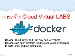 Page 63
การสร ้าง Cloud Virtual LABS
Docker - Build, Ship, and Run Any App, Anywhere
Docker is an open platform for developers and sysadmins
to build, ship, and run distributed.
 
