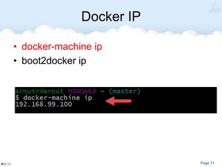 Page 71
Docker IP
• docker-machine ip
• boot2docker ip
 