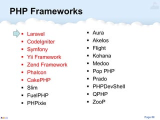 Page 88
PHP Frameworks
 Laravel
 CodeIgniter
 Symfony
 Yii Framework
 Zend Framework
 Phalcon
 CakePHP
 Slim
 FuelPHP
 PHPixie
 Aura
 Akelos
 Flight
 Kohana
 Medoo
 Pop PHP
 Prado
 PHPDevShell
 QPHP
 ZooP
 
