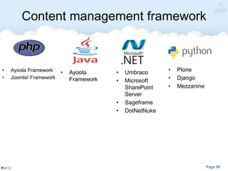 Page 90
Content management framework
• Ayoola Framework
• Joomla! Framework
• Ayoola
Framework
• Umbraco
• Microsoft
SharePoint
Server
• Sageframe
• DotNetNuke
• Plone
• Django
• Mezzanine
 