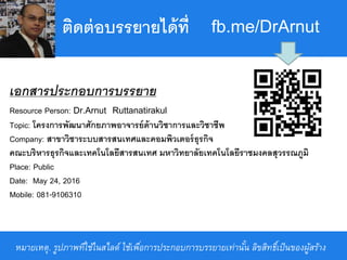 Powerpoint Templates
Page 1
เอกสารประกอบการบรรยาย
Resource Person: Dr.Arnut Ruttanatirakul
Topic: โครงการพัฒนาศักยภาพอาจารย์ด้านวิชาการและวิชาชีพ
Company: สาขาวิชาระบบสารสนเทศและคอมพิวเตอร์ธุรกิจ
คณะบริหารธุรกิจและเทคโนโลยีสารสนเทศ มหาวิทยาลัยเทคโนโลยีราชมงคลสุวรรณภูมิ
Place: Public
Date: May 24, 2016
Mobile: 081-9106310
หมายเหตุ. รูปภาพที่ใช้ในสไลด์ ใช้เพื่อการประกอบการบรรยายเท่านั้น ลิขสิทธิ์เป็นของผู้สร้าง
ติดต่อบรรยายได้ที่ fb.me/DrArnut
 