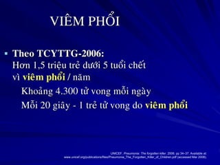 VIEÂM PHOÅI
 Theo TCYTTG-2006:
Hơn 1,5 trieäu treû döôùi 5 tuoåi cheát
vì vieâm phoåi / naêm
Khoaûng 4.300 töû vong moãi ngaøy
Moãi 20 giaây - 1 treû töû vong do vieâm phoåi
UNICEF. Pneumonia: The forgotten killer. 2006. pp 34–37. Available at:
www.unicef.org/publications/files/Pneumonia_The_Forgotten_Killer_of_Children.pdf (accessed Mar 2008).
 