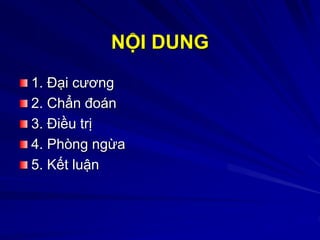 NỘI DUNG
1. Đại cương
2. Chẩn đoán
3. Điều trị
4. Phòng ngừa
5. Kết luận
 