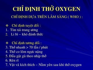 CHÆ ÑÒNH THÔÛ OXYGEN
CHÆ ÑÒNH DÖÏA TREÂN LAÂM SAØNG ( WHO ) :
 Chæ ñònh tuyeät ñoái :
1. Tím taùi trung öông
2. Li bì – khoù ñaùnh thöùc
 Chæ ñònh töông ñoái :
3. Thôû nhanh > 70 laàn / phuùt
4. Thôû co loõm ngöïc naëng
5. Ñaàu gaät guø theo nhòp thôû
6. Reân ró
7. Vaät vaõ kích thích – Naèm yeân sau khi thôû oxygen
 
