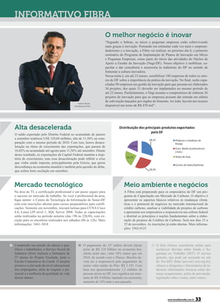 O melhor negócio é inovar
                                                                       “Segundo o Sebrae, as micro e pequenas empresas estão sobrevivendo
                                                                       mais graças à inovação. Pensando em estimular cada vez mais o empreen-
                                                                       dedorismo e a inovação, a Fibra vai realizar, no próximo dia 8, o primeiro
                                                                       seminário do Programa de Implantação de Planos de Inovação em Micro
                                                                       e Pequenas Empresas, como parte do início das atividades do Núcleo de
                                                                       Apoio a Gestão da Inovação (Nagi-DF). Nosso objetivo é mobilizar, ca-
                                                                       pacitar e dar consultoria e assessoria às indústrias do DF no sentido de
                                                                       fomentar a cultura inovadora.
                                                                       Nossa meta é, em até 22 meses, sensibilizar 180 empresas de todos os seto-
                                                                       res do DF sobre a importância da prática da inovação. No final, serão capa-
                                                                       citadas 90 empresas em gestão da inovação para que possam ser elaborados
                                                                       36 projetos, dos quais 31 deverão ser implantados no mesmo período de
                                                                       até 22 meses. Paralelamente, o Nagi assume o compromisso de elaborar 26
                                                                       projetos de inovação para que as empresas possam dar entrada em editais
                                                                       de subvenção lançados por órgãos de fomento. Ao todo, haverá um recurso
                                                Antônio Rocha,
                                             Presidente da Fibra       disponível em torno de R$ 470 mil”.




Alta desacelerada
O saldo exportado pelo Distrito Federal no acumulado de janeiro
a setembro totalizou US$ 129,04 milhões, alta de 11,56% na com-
paração com o mesmo período de 2010. Com isso, houve desace-
leração no ritmo de crescimento das exportações, que passou de
16,02% no acumulado até agosto para 11,56% até setembro. Diante
desse resultado, as exportações da Capital Federal mantém a traje-
tória de crescimento, mas essa desaceleração pode refletir a crise
que vinha sendo imposta, principalmente pela Grécia, que gerou
desconfiança na economia mundial e também pela questão do dólar,
que sofreu forte oscilação em setembro.



Mercado tecnológico                                                                  Meio ambiente e negócios
Na área de TI, a certificação profissional é um passo seguro para                    A Fibra está preparando para os empresários do DF um pro-
o sucesso no mercado de trabalho. Se você é profissional da área,                    grama de Capacitação em Mercado de Carbono. O objetivo é
fique atento: o Centro de Tecnologia da Informação do Senai-DF                       apresentar os aspectos básicos relativos às mudanças climá-
está com inscrições abertas para cursos preparatórios para certifi-                  ticas e o potencial de negócios no mercado internacional de
cações. Somente em novembro, iniciará turmas para CCNA Cisco                         crédito carbono, analisar a viabilidade de projetos de carbono
4.0; Linux LPI nível 1; SQL Server 2008. Todas as capacitações                       e apresentar aos empresários e responsáveis nas esferas federal
serão realizadas no período noturno (das 19h às 22h30), com ex-                      e distrital os princípios e noções fundamentais sobre a elabo-
ceção para os encontros realizados nos sábados (8h às 12h). Mais                     ração de projetos de Créditos de Carbono. Será nos dias 23 a
informações: 3441-3018                                                               25 de novembro. As inscrições já estão abertas. Mais informa-
                                                                                     ções: 3362-6121




Cumprindo sua missão de educar e qua-                  O pagamento do 13º salário deverá injetar             O Sesi oferece consultoria online para
lificar o trabalhador, o Serviço Social da             perto de R$ 118 bilhões na economia bra-              esclarecer dúvidas sobre Saúde e Se-
Indústria (Sesi) realizou a formatura de               sileira neste ano, valor 16% maior que em             gurança no Trabalho (SST). O serviço
57 alunos do Projeto Escalada, junto a                 2010, de acordo com o Dieese. Brasília de-            gratuito, que pode ser acessado no site
Escola Corporativa da Caesb. O projeto                 verá ser a responsável pelo pagamento do              do Pro-SST (http://pro-sst1.sesi.org.br),
promove a elevação do nível educacional                maior valor médio do País: R$ 3.193. Com              oferece a dirigentes e funcionários de in-
dos empregados, além de resgatar o po-                 base nos aproximadamente 1,2 milhões de               dústrias informações técnicas sobre do-
tencial e a melhoria da qualidade de vida              pessoas ativas no DF, isso significa um mon-          enças ocupacionais, ações de prevenção,
desses alunos.                                         tante de R$ 4 bilhões injetados na economia,          legislação sobre o tema, entre outros.
                                                       aumento de 14% ante o ano passado.




                                                                                                                     www.brasiliaemdia.com.br   33
 