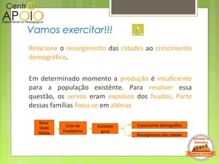 Relacione o resurgimento das cidades ao crescimento
demográfico.
Em determinado momento a produção é insuficiente
para a população existênte. Para resolver essa
questão, os servos eram expulsos dos feudos. Parte
dessas famílias fixou-se em aldeias
Vamos exercitar!!!
Baixa
Idade
Média
Crise do
Feudalismo
Contexto
geral
Crescimento demografico
Resurgimento das cidades
 