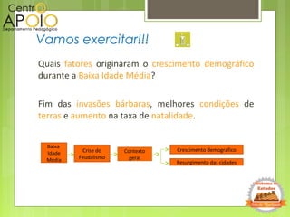 Quais fatores originaram o crescimento demográfico
durante a Baixa Idade Média?
Fim das invasões bárbaras, melhores condições de
terras e aumento na taxa de natalidade.
Vamos exercitar!!!
Baixa
Idade
Média
Crise do
Feudalismo
Contexto
geral
Crescimento demografico
Resurgimento das cidades
 