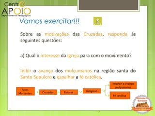 Sobre as motivações das Cruzadas, responda às
seguintes questões:
a) Qual o interesse da Igreja para com o movimento?
Inibir o avanço dos mulçumanos na região santa do
Santo Sepulcro e espalhar a fé católica.
Vamos exercitar!!!
ReligiosoFatores
Impedir o avanço
mulçumanos
Fé católica
Cruzadas
Fatos
Marcantes
 