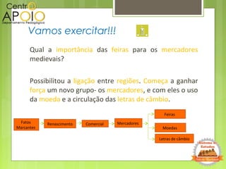 Qual a importância das feiras para os mercadores
medievais?
Possibilitou a ligação entre regiões. Começa a ganhar
força um novo grupo- os mercadores, e com eles o uso
da moeda e a circulação das letras de câmbio.
Vamos exercitar!!!
Fatos
Marcantes
Renascimento Mercadores
Feiras
Moedas
Letras de câmbio
Comercial
 