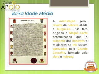 A insatisfação gerou
revolta da nobreza aliada
à burguesia. Esse fato
originou a Magna Carta
determinando que o
aumento dos impostos e
mudanças na leis seriam
aprovadas pelo Grande
Conselho, formado pelo
clero e nobreza.
Baixa Idade Média
 