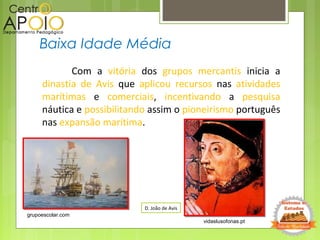 Com a vitória dos grupos mercantis inicia a
dinastia de Avis que aplicou recursos nas atividades
marítimas e comerciais, incentivando a pesquisa
náutica e possibilitando assim o pioneirismo português
nas expansão marítima.
Baixa Idade Média
vidaslusofonas.pt
grupoescolar.com
D. João de Avis
 