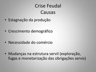 Crise FeudalCausasEstagnação da produção Crescimento demográficoNecessidade do comércioMudanças na estrutura servil (exploração, fugas e monetarização das obrigações servis)