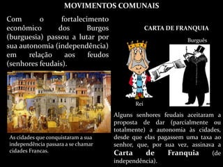 MOVIMENTOS COMUNAIS
Com o fortalecimento
econômico dos Burgos
(burguesia) passou a lutar por
sua autonomia (independência)
em relação aos feudos
(senhores feudais).
CARTA DE FRANQUIA
Rei
Burguês
Alguns senhores feudais aceitaram a
proposta de dar (parcialmente ou
totalmente) a autonomia às cidades,
desde que elas pagassem uma taxa ao
senhor, que, por sua vez, assinava a
Carta de Franquia (de
independência).
As cidades que conquistaram a sua
independência passara a se chamar
cidades Francas.
 