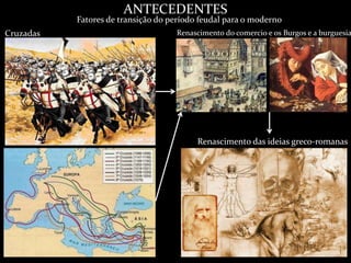ANTECEDENTES
Fatores de transição do período feudal para o moderno
Cruzadas Renascimento do comercio e os Burgos e a burguesia
Renascimento das ideias greco-romanas
 