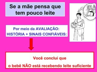 Se a mãe pensa que
   tem pouco leite

   Por meio da AVALIAÇÃO:
HISTÓRIA + SINAIS CONFIÁVEIS:




            Você conclui que
o bebê NÃO está recebendo leite suficiente
 