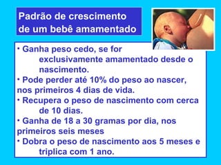 Padrão de crescimento
de um bebê amamentado
• Ganha peso cedo, se for
     exclusivamente amamentado desde o
     nascimento.
• Pode perder até 10% do peso ao nascer,
nos primeiros 4 dias de vida.
• Recupera o peso de nascimento com cerca
     de 10 dias.
• Ganha de 18 a 30 gramas por dia, nos
primeiros seis meses
• Dobra o peso de nascimento aos 5 meses e
     triplica com 1 ano.
 