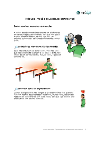 Direitos reservados. É proibida a cópia não autorizada deste material. 7
MÓDULO - VOCÊ E SEUS RELACIONAMENTOS
Como analisar um relacionamento
A análise dos relacionamentos consiste em examiná-los
em várias perspectivas diferentes, para que você possa
mapear a melhor maneira de agir, seja para um
encontro específico ou para um relacionamento a longo
prazo.
Conhecer os limites do relacionamento:
Estes não costumam ser mencionados. Você não sabe
que eles existem até "avançar" e ser acusado disto. Tais
limites devem ser respeitados, mas, às vezes, é possível
contorná-los.
Levar em conta as expectativas:
Quando as expectativas não atingem o que esperávamos ou o que seria
razoável, ficamos decepcionados e frustrados, muitas vezes, ressentidos.
Pode ser útil aconselhar-se com outra pessoa para que seja possível criar
expectativas com base na realidade.
 
