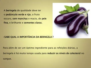 A beringela de qualidade deve ter
o pedúnculo verde e rijo, o fruto
escuro, sem manchas e macio, de pele
fina, e brilhante e sementes claras.




-SABE QUAL A IMPORTÂNCIA DA BERINGELA ?



Para além de ser um óptimo ingrediente para as refeições diárias, a

beringela é há muito tempo usada para reduzir os níveis de colesterol no

sangue.
 