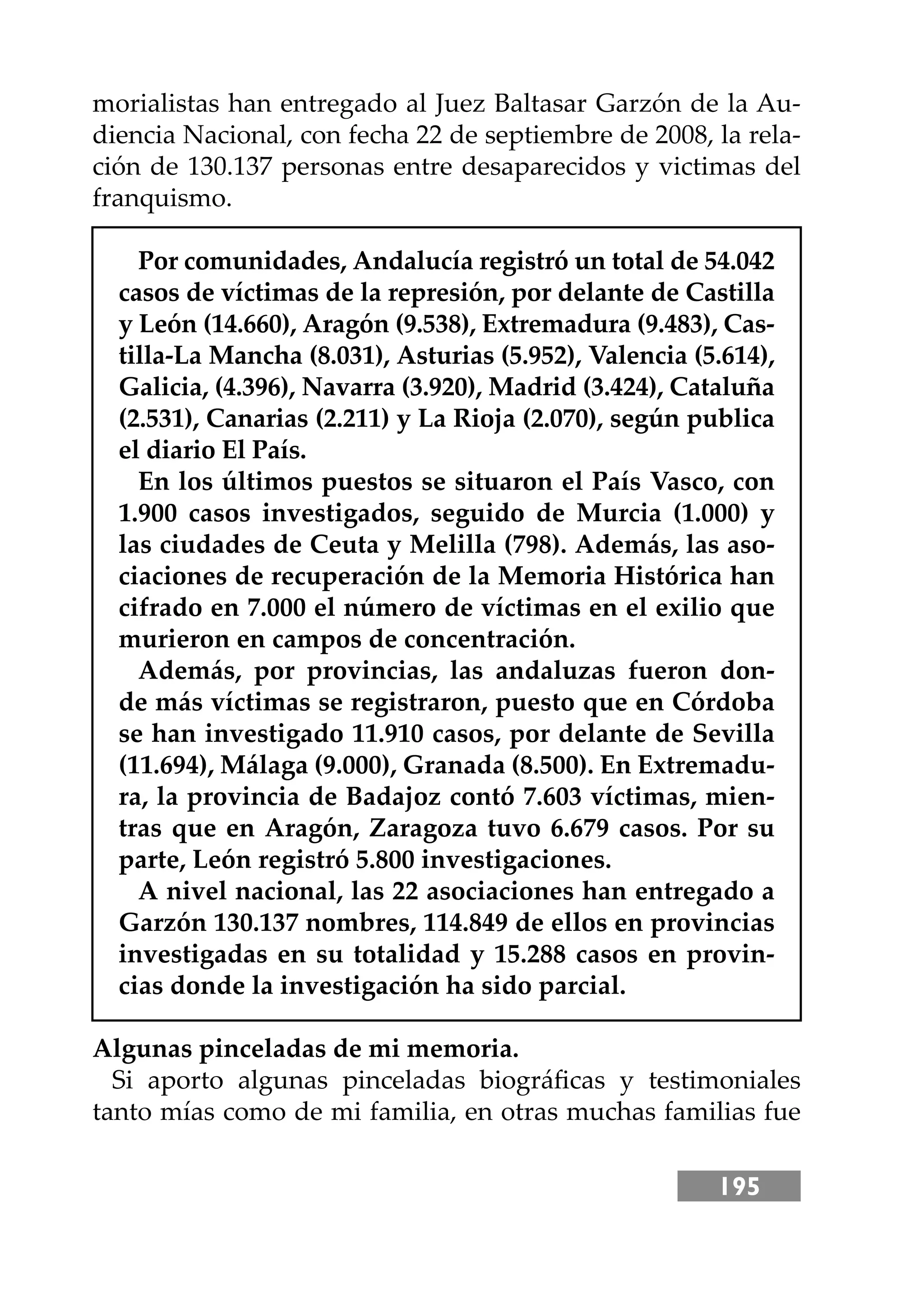 195
morialistas han entregado al Juez Baltasar Garzón de la Au-
diencia Nacional, con fecha 22 de septiembre de 2008, la rela-
ción de 130.137 personas entre desaparecidos y victimas del
franquismo.
Por comunidades, Andalucía registró un total de 54.042
casos de víctimas de la represión, por delante de Castilla
y León (14.660), Aragón (9.538), Extremadura (9.483), Cas-
tilla-La Mancha (8.031), Asturias (5.952), Valencia (5.614),
Galicia, (4.396), Navarra (3.920), Madrid (3.424), Cataluña
(2.531), Canarias (2.211) y La Rioja (2.070), según publica
el diario El País.
En los últimos puestos se situaron el País Vasco, con
1.900 casos investigados, seguido de Murcia (1.000) y
las ciudades de Ceuta y Melilla (798). Además, las aso-
ciaciones de recuperación de la Memoria Histórica han
cifrado en 7.000 el número de víctimas en el exilio que
murieron en campos de concentración.
Además, por provincias, las andaluzas fueron don-
de más víctimas se registraron, puesto que en Córdoba
se han investigado 11.910 casos, por delante de Sevilla
(11.694), Málaga (9.000), Granada (8.500). En Extremadu-
ra, la provincia de Badajoz contó 7.603 víctimas, mien-
tras que en Aragón, Zaragoza tuvo 6.679 casos. Por su
parte, León registró 5.800 investigaciones.
A nivel nacional, las 22 asociaciones han entregado a
Garzón 130.137 nombres, 114.849 de ellos en provincias
investigadas en su totalidad y 15.288 casos en provin-
cias donde la investigación ha sido parcial.
Algunas pinceladas de mi memoria.
Si aporto algunas pinceladas biográﬁcas y testimoniales
tanto mías como de mi familia, en otras muchas familias fue
 