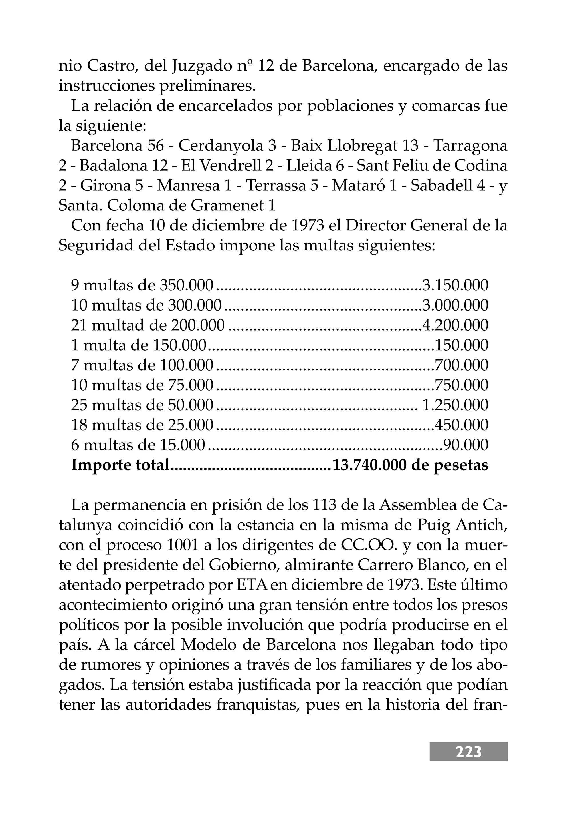 223
nio Castro, del Juzgado nº 12 de Barcelona, encargado de las
instrucciones preliminares.
La relación de encarcelados por poblaciones y comarcas fue
la siguiente:
Barcelona 56 - Cerdanyola 3 - Baix Llobregat 13 - Tarragona
2 - Badalona 12 - El Vendrell 2 - Lleida 6 - Sant Feliu de Codina
2 - Girona 5 - Manresa 1 - Terrassa 5 - Mataró 1 - Sabadell 4 - y
Santa. Coloma de Gramenet 1
Con fecha 10 de diciembre de 1973 el Director General de la
Seguridad del Estado impone las multas siguientes:
9 multas de 350.000..................................................3.150.000
10 multas de 300.000................................................3.000.000
21 multad de 200.000 ...............................................4.200.000
1 multa de 150.000.......................................................150.000
7 multas de 100.000.....................................................700.000
10 multas de 75.000.....................................................750.000
25 multas de 50.000................................................. 1.250.000
18 multas de 25.000.....................................................450.000
6 multas de 15.000.........................................................90.000
Importe total.......................................13.740.000 de pesetas
La permanencia en prisión de los 113 de la Assemblea de Ca-
talunya coincidió con la estancia en la misma de Puig Antich,
con el proceso 1001 a los dirigentes de CC.OO. y con la muer-
te del presidente del Gobierno, almirante Carrero Blanco, en el
atentado perpetrado por ETAen diciembre de 1973. Este último
acontecimiento originó una gran tensión entre todos los presos
políticos por la posible involución que podría producirse en el
país. A la cárcel Modelo de Barcelona nos llegaban todo tipo
de rumores y opiniones a través de los familiares y de los abo-
gados. La tensión estaba justiﬁcada por la reacción que podían
tener las autoridades franquistas, pues en la historia del fran-
 