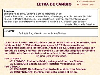 Reverso Enríco Boldo, alemán residente en Ginebra Anverso En nombre de Dios, Génova a 30 de Marzo de 1458 Querido hermano, por esta primera letra, sírvase pagar en la próxima feria de Pascua, a Martino Iluminato, 125 escudos de Saboya, equivalentes al valor recibido aquí de Bartolomeo Iluminato, a razón de 42 sueldos por escudo. Vuestro Batista de Sessino. LETRA DE CAMBIO La letra está redactada en Génova por el librador Batista de Sessino, este había recibido 5.250 sueldos genoveses ó 262 libras y media de Bartolomeo Iluminato, el tomador. A razón de 42 sueldos genoveses por escudo de Saboya, el total se elevaba a 125 escudos pagados en Ginebra por el librado, Enrico de Boldo, al beneficiario Martino Iluminato En una letra intervienen: EN GINEBRA EL LIBRADO : Enrico de Boldo, entrega el dinero en Ginebra EL LIBRADOR : Batista Sessino, certifica y redacta la letra EN GÉNOVA EL TOMADOR : Bartolomeo Iluminato da el dinero en Génova. EL BENEFICIARIO : Martino Iluminato, recibe el dinero. M. C. García Chimeno IES “Leopoldo Cano” 