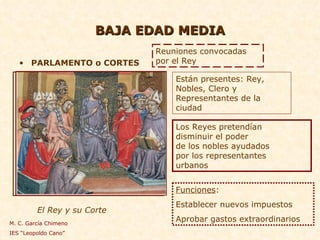 BAJA EDAD MEDIA PARLAMENTO o CORTES El Rey y su Corte Están presentes: Rey, Nobles, Clero y Representantes de la ciudad Reuniones convocadas por el Rey  Funciones :  Establecer nuevos impuestos Aprobar gastos extraordinarios  Los Reyes pretendían  disminuir el poder  de los nobles ayudados  por los representantes  urbanos M. C. García Chimeno IES “Leopoldo Cano” 