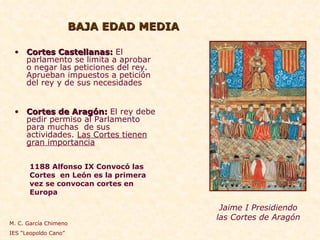 BAJA EDAD MEDIA Cortes Castellanas:   El parlamento se limita a aprobar o negar las peticiones del rey. Aprueban impuestos a petición del rey y de sus necesidades Cortes de Aragón:  El rey debe pedir permiso al Parlamento para muchas  de sus actividades.  Las Cortes tienen gran importancia Jaime I Presidiendo las Cortes de Aragón 1188 Alfonso IX Convocó las Cortes  en León es la primera vez se convocan cortes en Europa M. C. García Chimeno IES “Leopoldo Cano” 