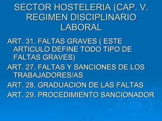 SECTOR HOSTELERIA (CAP. V. REGIMEN DISCIPLINARIO LABORAL ART. 31. FALTAS GRAVES ( ESTE ARTICULO DEFINE TODO TIPO DE FALTAS GRAVES) ART. 27. FALTAS Y SANCIONES DE LOS TRABAJADORES/AS ART. 28. GRADUACION DE LAS FALTAS  ART. 29. PROCEDIMIENTO SANCIONADOR 