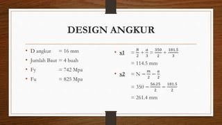 DESIGN ANGKUR
• D angkur = 16 mm
• Jumlah Baut = 4 buah
• Fy = 742 Mpa
• Fu = 825 Mpa
• x1 =
𝑁
2
+
𝑎
3
=
350
2
+
181.5
3
= 114.5 mm
• x2 = N −
𝑚
2
−
𝑎
2
= 350 −
56.25
2
−
181.5
2
= 261.4 mm
 