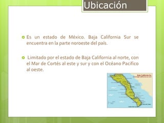 Ubicación
 Es un estado de México. Baja California Sur se
encuentra en la parte noroeste del país.
 Limitado por el estado de Baja California al norte, con
el Mar de Cortés al este y sur y con el Océano Pacifico
al oeste.
 
