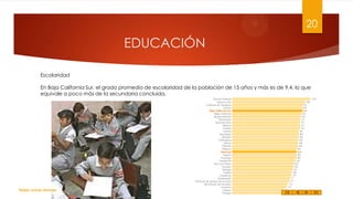 20

EDUCACIÓN
Escolaridad
En Baja California Sur, el grado promedio de escolaridad de la población de 15 años y más es de 9.4, lo que
equivale a poco más de la secundaria concluida.

Felipe Juárez Alvarez

 