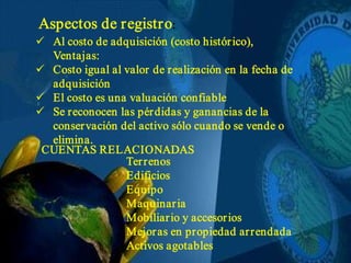 Aspectos de registro: 
ü  Al costo de adquisición (costo histórico), 
Ventajas: 
ü  Costo igual al valor de realización en la fecha de 
adquisición 
ü  El costo es una valuación confiable 
ü  Se reconocen las pérdidas y ganancias de la 
conservación del activo sólo cuando se vende o 
elimina. 
CUENTAS RELACIONADAS 
Terrenos 
Edificios 
Equipo 
Maquinaria 
Mobiliario y accesorios 
Mejoras en propiedad arrendada 
Activos agotables 
: 
Al costo de adquisición (costo histórico), 
Costo igual al valor de realización en la fecha de 
El costo es una valuación confiable 
Se reconocen las pérdidas y ganancias de la 
conservación del activo sólo cuando se vende o 
CUENTAS RELACIONADAS 
Maquinaria 
Mobiliario y accesorios 
Mejoras en propiedad arrendada 
Activos agotables
 