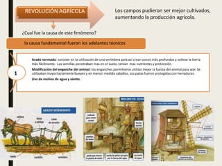 Los campos pudieron ser mejor cultivados,
aumentando la producción agrícola.
REVOLUCIÓN AGRÍCOLA
¿Cual fue la causa de este fenómeno?
la causa fundamental fueron los adelantos técnicos
Arado normado: consiste en la utilización de una vertedera para así crear surcos más profundos y voltear la tierra
más fácilmente. Las semillas penetraban mas en el suelo, tenían mas nutrientes y protección.
Modificación del enganche del animal: los enganches permitieron utilizar mejor la fuerza del animal para arar. Se
utilizaban mayoritariamente bueyes y en menor medida caballos, sus patas fueron protegidas con herraduras.
Uso de molino de agua y viento.
1
 
