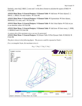 ME 477 Baja Example 10
Similarly, enter sbzj2, SBZJ, 2, none and 1 in the above format to calculate the square of SBZJ
Click OK
ANSYS Main Menu General Postproc Element Table Add items Enter sbjmax2, 1,
SBYJ2, 1, SBZJ2, 0 in that window. Click OK
ANSYS Main Menu General Postproc Element Table Exponentiate Enter sbjmax,
SBJMAX2, 0.5, none, and 1 Click OK
ANSYS Main Menu General Postproc Element Table Abs Value Option Click on yes
to use absolute values Click OK
ANSYS Main Menu General Postproc Element Table Add items Enter smaxj, 1, SDIR,
1, SBJMAX and 0 Click OK
A contour plot of the maximum stress can now be generated.
ANSYS Main Menu General Postproc Element Table Plot Element Table SMAXJ
Click OK
The plot is shown in the following figure. The process could be repeated at Node i.
For a rectangular beam, the maximum stress is
σmax = | σdir | + | σby |+ | σbz |
 