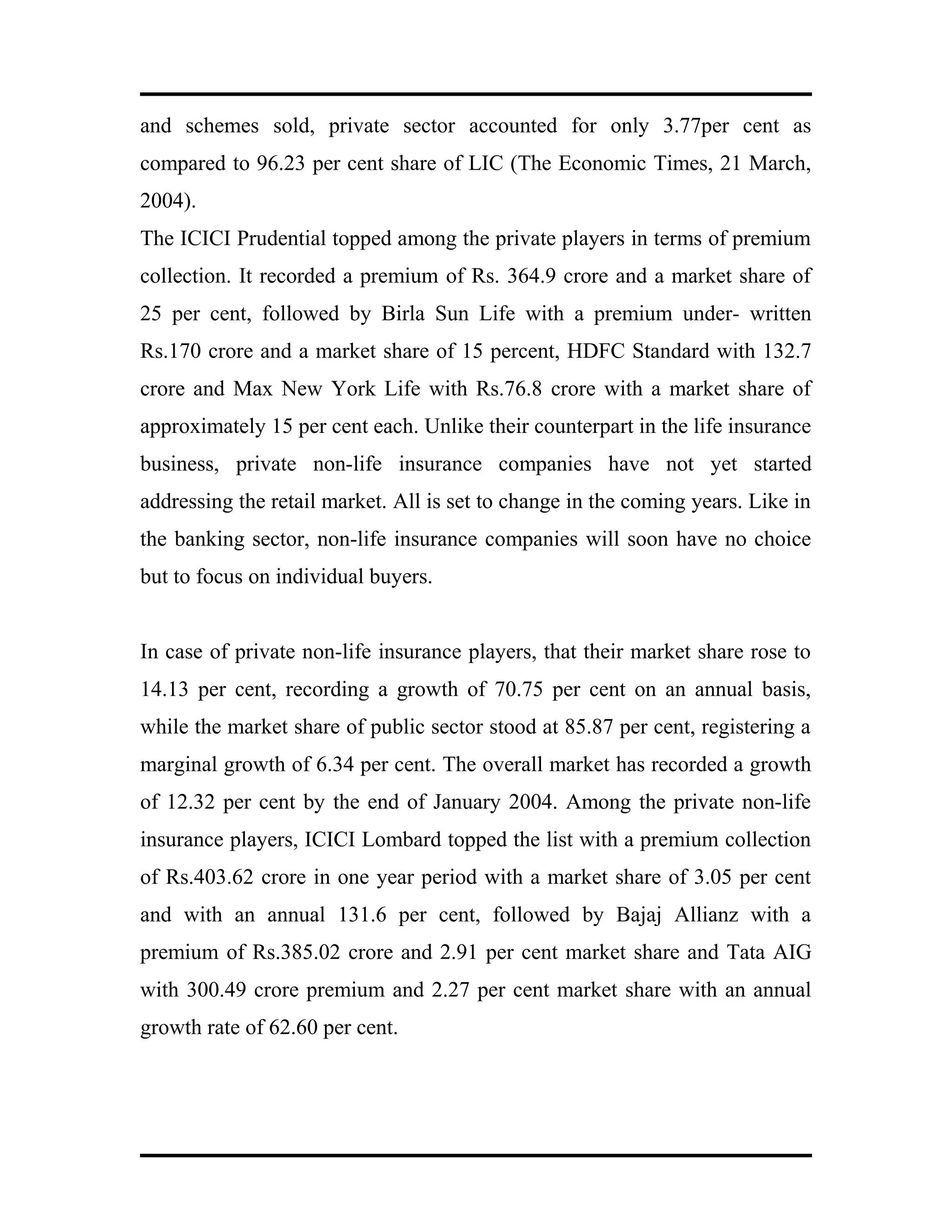 and schemes sold, private sector accounted for only 3.77per cent as
compared to 96.23 per cent share of LIC (The Economic Times, 21 March,
2004).
The ICICI Prudential topped among the private players in terms of premium
collection. It recorded a premium of Rs. 364.9 crore and a market share of
25 per cent, followed by Birla Sun Life with a premium under- written
Rs.170 crore and a market share of 15 percent, HDFC Standard with 132.7
crore and Max New York Life with Rs.76.8 crore with a market share of
approximately 15 per cent each. Unlike their counterpart in the life insurance
business, private non-life insurance companies have not yet started
addressing the retail market. All is set to change in the coming years. Like in
the banking sector, non-life insurance companies will soon have no choice
but to focus on individual buyers.
In case of private non-life insurance players, that their market share rose to
14.13 per cent, recording a growth of 70.75 per cent on an annual basis,
while the market share of public sector stood at 85.87 per cent, registering a
marginal growth of 6.34 per cent. The overall market has recorded a growth
of 12.32 per cent by the end of January 2004. Among the private non-life
insurance players, ICICI Lombard topped the list with a premium collection
of Rs.403.62 crore in one year period with a market share of 3.05 per cent
and with an annual 131.6 per cent, followed by Bajaj Allianz with a
premium of Rs.385.02 crore and 2.91 per cent market share and Tata AIG
with 300.49 crore premium and 2.27 per cent market share with an annual
growth rate of 62.60 per cent.
 