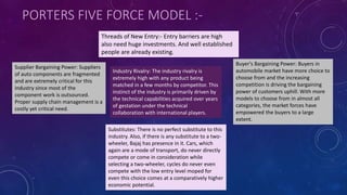 PORTERS FIVE FORCE MODEL :-
Supplier Bargaining Power: Suppliers
of auto components are fragmented
and are extremely critical for this
industry since most of the
component work is outsourced.
Proper supply chain management is a
costly yet critical need.
Buyer's Bargaining Power: Buyers in
automobile market have more choice to
choose from and the increasing
competition is driving the bargaining
power of customers uphill. With more
models to choose from in almost all
categories, the market forces have
empowered the buyers to a large
extent.
Substitutes: There is no perfect substitute to this
industry. Also, if there is any substitute to a two-
wheeler, Bajaj has presence in it. Cars, which
again are a mode of transport, do never directly
compete or come in consideration while
selecting a two-wheeler, cycles do never even
compete with the low entry level moped for
even this choice comes at a comparatively higher
economic potential.
Industry Rivalry: The industry rivalry is
extremely high with any product being
matched in a few months by competitor. This
instinct of the industry is primarily driven by
the technical capabilities acquired over years
of gestation under the technical
collaboration with international players.
Threads of New Entry:- Entry barriers are high
also need huge investments. And well established
people are already existing.
 