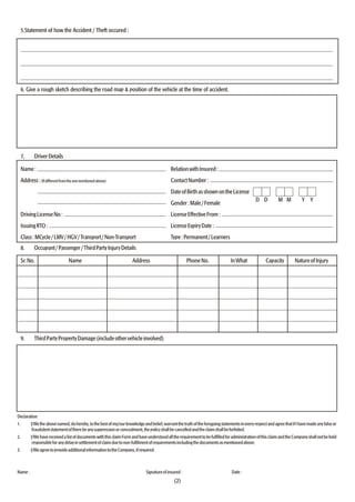 6. Give a rough sketch describing the road map & position of the vehicle at the time of accident.
7, DriverDetails
Name: RelationwithInsured:
Address:(Ifdifferentfromtheonementionedabove) ContactNumber:
Gender:Male/Female
DrivingLicenseNo: LicenseEffectiveFrom:
IssuingRTO: LicenseExpiryDate:
Class:MCycle/LMV/HGV/Transport/Non-Transport Type:Permanent/Learners
DateofBirthasshownontheLicense
8. Occupant/Passenger/ThirdPartyInjuryDetails
Sr.No. Name Address PhoneNo. InWhat Capacity NatureofInjury
9. ThirdPartyPropertyDamage(includeothervehicleinvolved)
5.Statement of how the Accident / Theft occured :
D D M M Y Y
(2)
Declaration
1. I/Wetheabovenamed,dohereby,tothebestofmy/ourknowledgeandbelief,warrantthetruthoftheforegoingstatementsineveryrespectandagreethatifIhavemadeanyfalseor
fraudulentstatementoftherebeanysuppressionorconcealment,thepolicyshallbecancelledandtheclaimshallbeforfeited.
2. I/WehavereceivedalistofdocumentswiththisclaimFormandhaveunderstoodalltherequirementtobefulfilledforadministrationofthisclaimandtheCompanyshallnotbeheld
responsibleforanydelayinsettlementofclaimduetonon-fulfilmentofrequirementsincludingthedocumentsasmentionedabove.
3. I/WeagreetoprovideadditionalinformationtotheCompany,ifrequired.
Name: Signatureofinsured: Date:
 