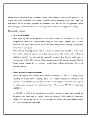 Rivalry among assemblers in the automotive industry, once contained within national boundaries, has 
evolved into global competition. First movers established market dominance in the early 1900s, and 
their brands are still the most recognized by consumers today. The fact that auto producers choose 
market strategies based on what their rivals are doing indicates that this is an oligopolistic industry. 
Players in the Industry 
 Hero MotoCorp Ltd 
Hero MotoCorp Ltd was incorporated as Hero Honda Motors Ltd on January 19, 1984. The 
company was formed as a JV between Hero Group and Honda Motor Company (HMC) of Japan. 
However, both parties agreed to end the JV with HMC exiting from the company by selling their 
entire stake to Hero group. 
Hero retains its leadership position with a 42.9 per cent market share in 2012-13 in the Indian 
two-wheelers industry. It operates across key segments, has a wide portfolio and a widespread 
distribution network. Hero also leads the motorcycles segment with a domestic market share of 
53.2 per cent in 2012-13 on account of its dominant position in the executive category. The key 
brands driving volumes for the company included Super Splendor and Passion Plus in the 
executive segment. 
 Honda Motorcycle and Scooters India 
Honda Motorcycles and Scooters India (HMSI), established in 1999, is a wholly owned 
subsidiary of Honda Motor Company, Japan. The company manufactures motorcycles and 
scooters in India. HMSI is the market leader in the scooters segment which enabled it to improve 
its market share in domestic two-wheeler market from 13.7 per cent in 2008-09 to 18.9 per cent 
in 2012-13. 
As of 2012-13, HMSI is the second largest two-wheeler company in India, which overtook the 
homegrown rival Bajaj Auto and pushed it to the third position. HMSI registered a phenomenal 
growth of 31 per cent for FY 2012-13 (y-o-y) against the subdued two-wheeler industry growth 
of 2.8 per cent during the same period. 
 
