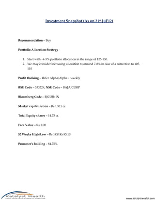 Investment Snapshot (As on 21st Jul’12)




Recommendation – Buy


Portfolio Allocation Strategy –


   1. Start with ~4-5% portfolio allocation in the range of 125-130.
   2. We may consider increasing allocation to around 7-8% in case of a correction to 105-
      110


Profit Booking – Refer Alpha/Alpha + weekly


BSE Code – 533229; NSE Code – BAJAJCORP


Bloomberg Code – BJCOR: IN


Market capitalization – Rs 1,915 cr.


Total Equity shares – 14.75 cr.


Face Value – Rs 1.00


52 Weeks High/Low – Rs 145/ Rs 95.10


Promoter’s holding – 84.75%




                                                                               www.katalystwealth.com
 
