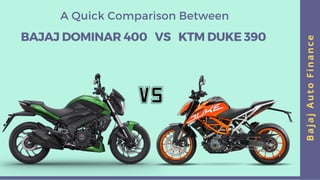 A Quick Comparison Between
BAJAJ DOMINAR 400 VS KTM DUKE 390
BajajAutoFinance
 