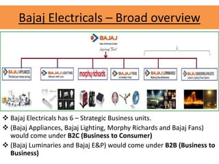 Bajaj Electricals – Broad overview
 Bajaj Electricals has 6 – Strategic Business units.
 (Bajaj Appliances, Bajaj Lighting, Morphy Richards and Bajaj Fans)
would come under B2C (Business to Consumer)
 (Bajaj Luminaries and Bajaj E&P) would come under B2B (Business to
Business)
 