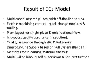 Result of 90s Model
• Multi-model assembly lines, with off-the-line setups.
• Flexible machining centers - quick change modules &
tooling.
• Plant layout for single-piece & unidirectional flow.
• In-process quality assurance (inspection).
• Quality assurance through SPC & Poka-Yoke
• Direct-On-Line Supply based on Pull System (Kanban)
• No stores for in-coming material and WIP
• Multi-Skilled labour; self-supervision & self-certification

 