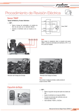 2
1
139
Manual de Servicio Bajaj Pulsar 200NS FI
Procedimiento de Revisión Eléctrica
P
U
u SOP :
A/N
1
2
R/Az
3
B/Na
4
Sensor TMAP
P4 P3 P2 P1 Nota:
Revisión del Voltaje de Entrada
Nota:
Para revisar el voltaje de entrada o salida conecte el
acople al sensor TMAP.
Capuchón de Bujía
u SOP :
Ÿ Retire el capuchón de bujía del cable de la bobina de
alta.
Ÿ Ajuste el multímetro en el rango de 2KOhm.
Ÿ Conecte los terminales del multímetro como se
muestra y mida el valor.
Ÿ Valor estándar: 1KOhm + 150 Ohm
Sensor TMAP
Equipo de Medición y Prueba: Multímetro
V
Ÿ Retire el tanque de combustible y la cubierta de
filtro de aire junto con el elemento filtrante.
Ÿ Conecte el multímetro como se muestra en la
tabla.
Para revisar la resistencia retire la conexión del sensor
TMAP y conecte los terminales del multímetro al Pin 1 y al
Pin 2 como se muestra.
Revisión del Voltaje de Salida
 