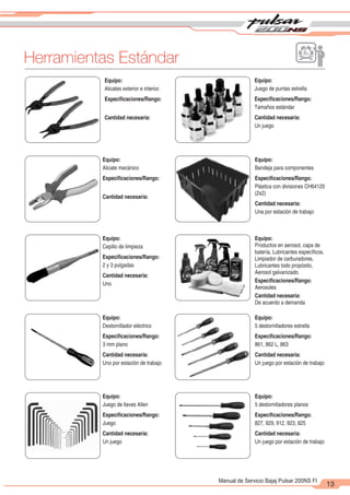 2
1
13
Manual de Servicio Bajaj Pulsar 200NS FI
Herramientas Estándar
Equipo:
Juego de puntas estrella
Especificaciones/Rango:
Tamaños estándar
Cantidad necesaria:
Un juego
Equipo:
Alicates exterior e interior.
Especificaciones/Rango:
Cantidad necesaria:
Equipo:
Bandeja para componentes
Especificaciones/Rango:
Plástica con divisiones CH64120
(2x2)
Cantidad necesaria:
Una por estación de trabajo
Equipo:
Alicate mecánico
Especificaciones/Rango:
Cantidad necesaria:
Equipo:
Productos en aerosol, capa de
batería, Lubricantes específicos,
Limpiador de carburadores,
Lubricantes todo propósito,
Aerosol galvanizado.
Especificaciones/Rango:
Aerosoles
Cantidad necesaria:
De acuerdo a demanda
Equipo:
Cepillo de limpieza
Especificaciones/Rango:
2 y 3 pulgadas
Cantidad necesaria:
Uno
Equipo:
5 destornilladores estrella
Especificaciones/Rango:
861, 862 L, 863
Cantidad necesaria:
Un juego por estación de trabajo
Equipo:
Destornillador eléctrico
Especificaciones/Rango:
3 mm plano
Cantidad necesaria:
Uno por estación de trabajo
Equipo:
5 destornilladores planos
Especificaciones/Rango:
827, 929, 912, 923, 825
Cantidad necesaria:
Un juego por estación de trabajo
Equipo:
Juego de llaves Allen
Especificaciones/Rango:
Juego
Cantidad necesaria:
Un juego
 